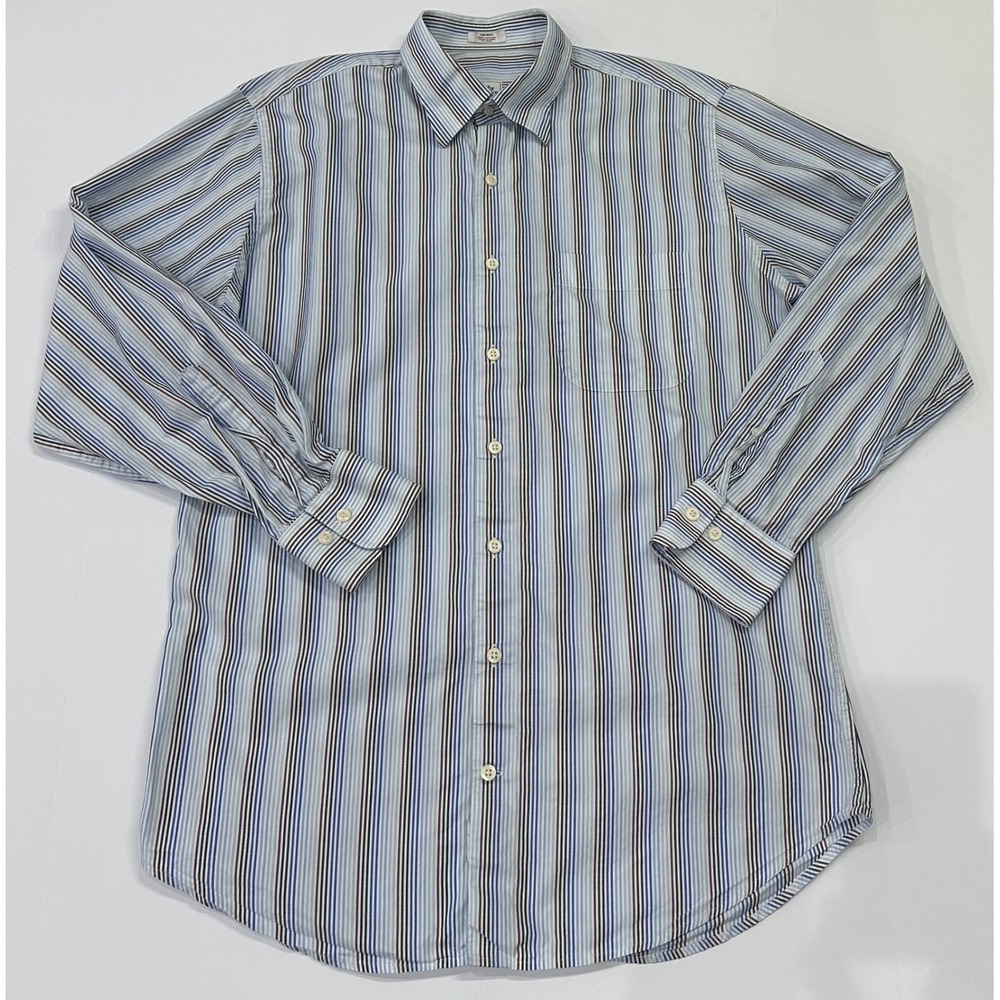 Peter Millar Mens Medium Blue Brown Striped Cotton Long Sleeve Button Down Shirt